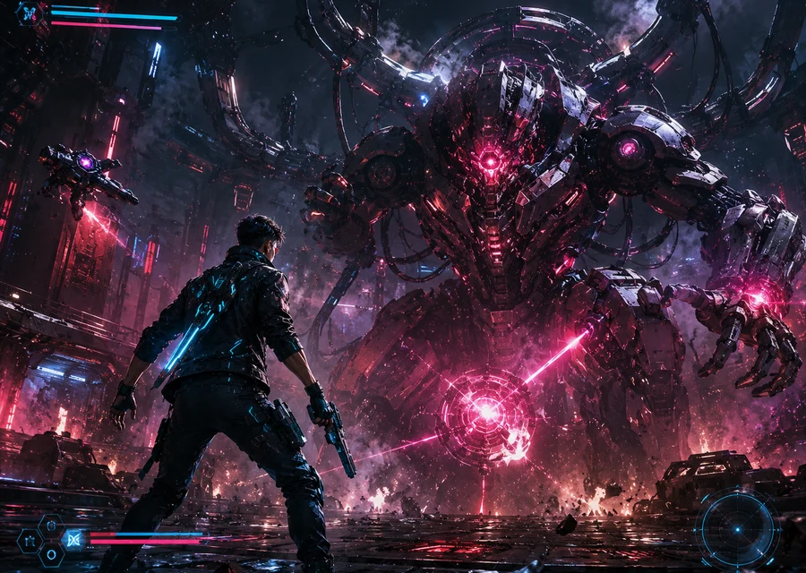 Crystal Field boss fight arena with a cybernetic mech enemy