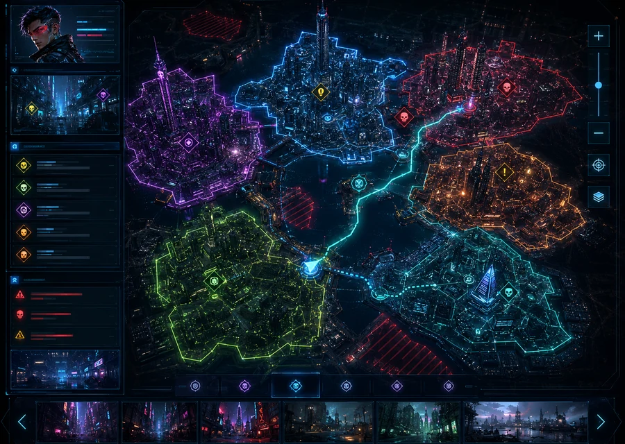 Crystal Field city map with cyberpunk districts and active route marker