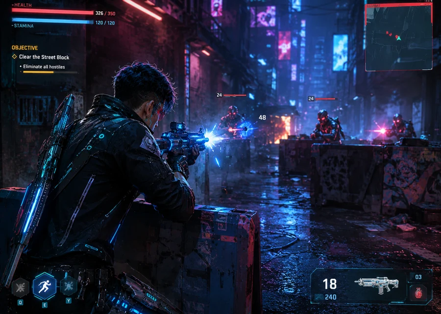 Street raid combat in Crystal Field with the player firing at cyberpunk enemies