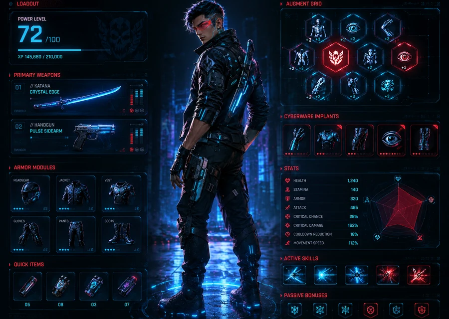 Crystal Field character loadout screen with cybernetic upgrades and weapons