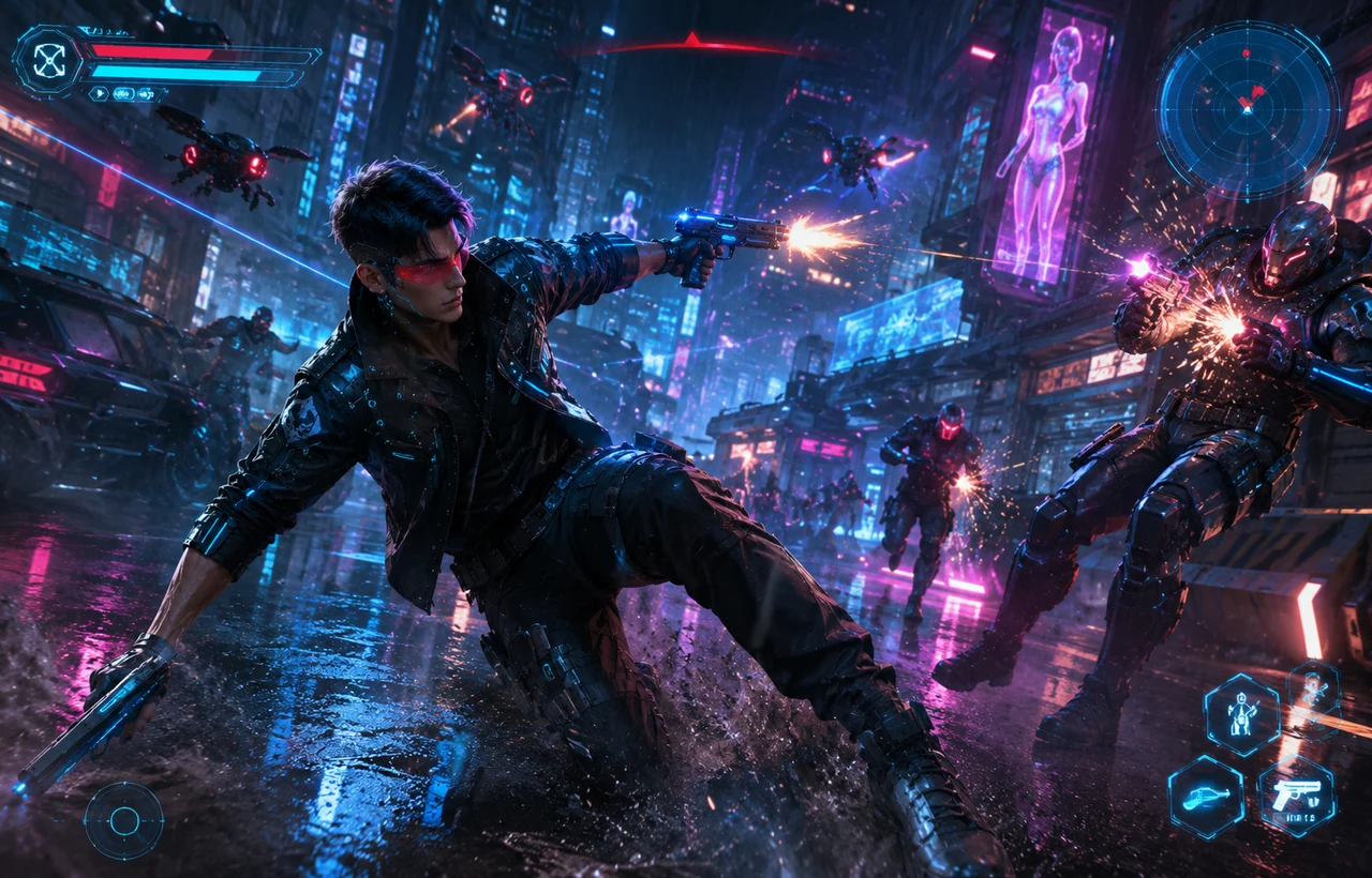 Crystal Field gameplay scene with a cyberpunk hero fighting drones in a neon city